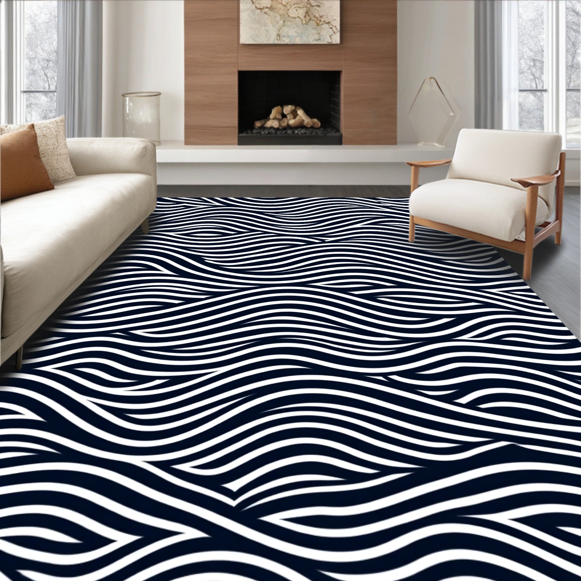 Dark Blue White Flowing Wave Rug