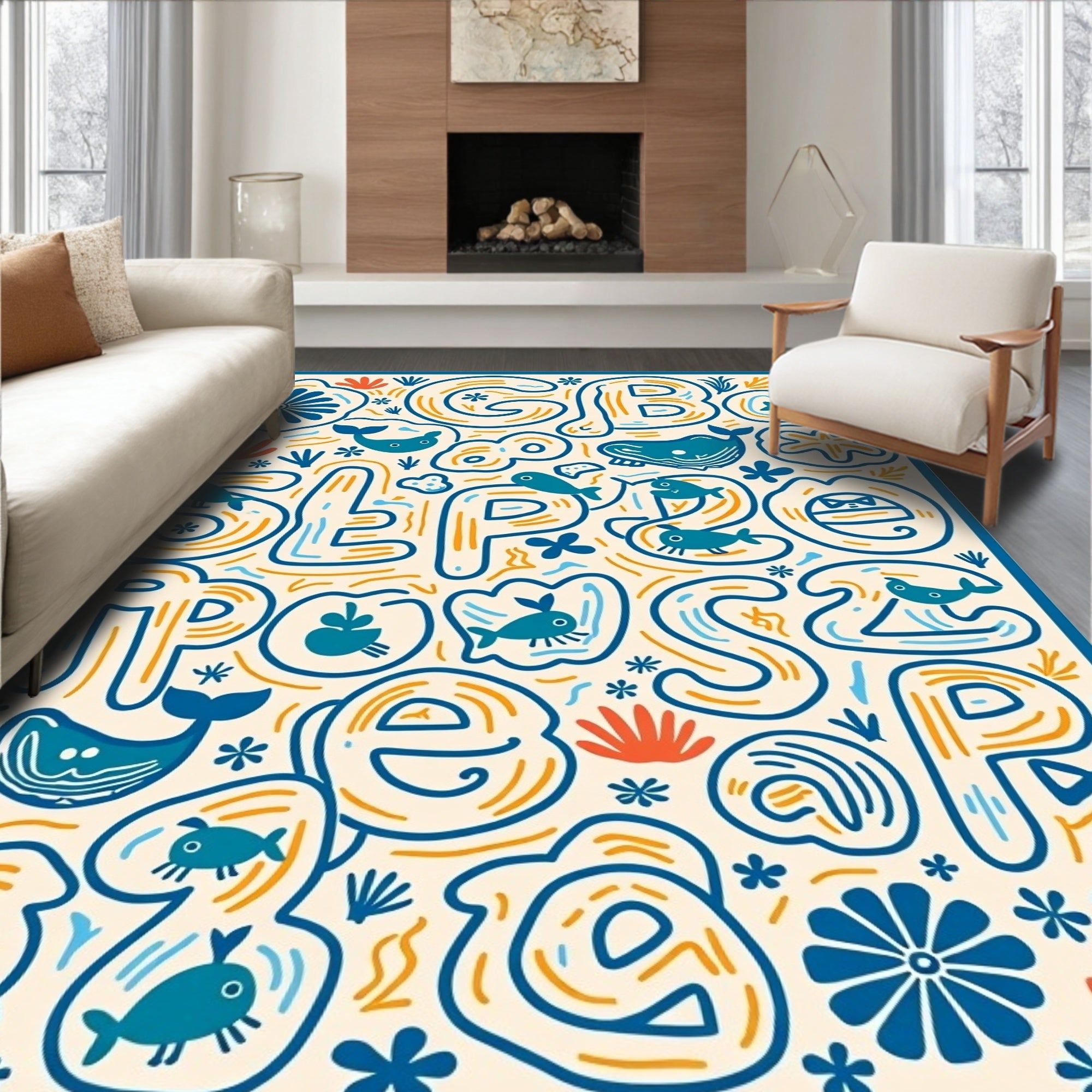 Oceanic Blue Whimsical Sea Creatures Alphabet Rug