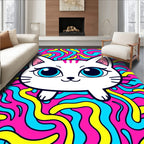 Playful White Cat Blue Eyes Trippy Swirls Rug
