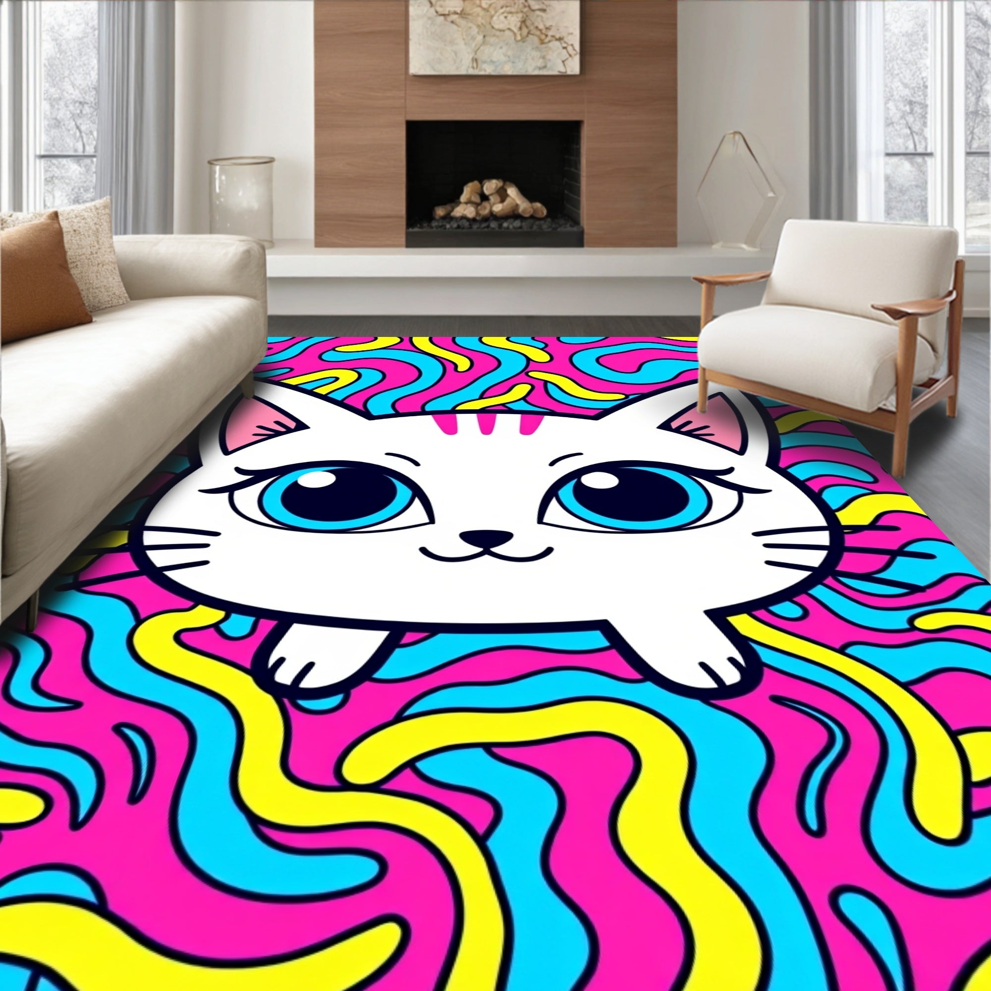 Playful White Cat Blue Eyes Trippy Swirls Rug