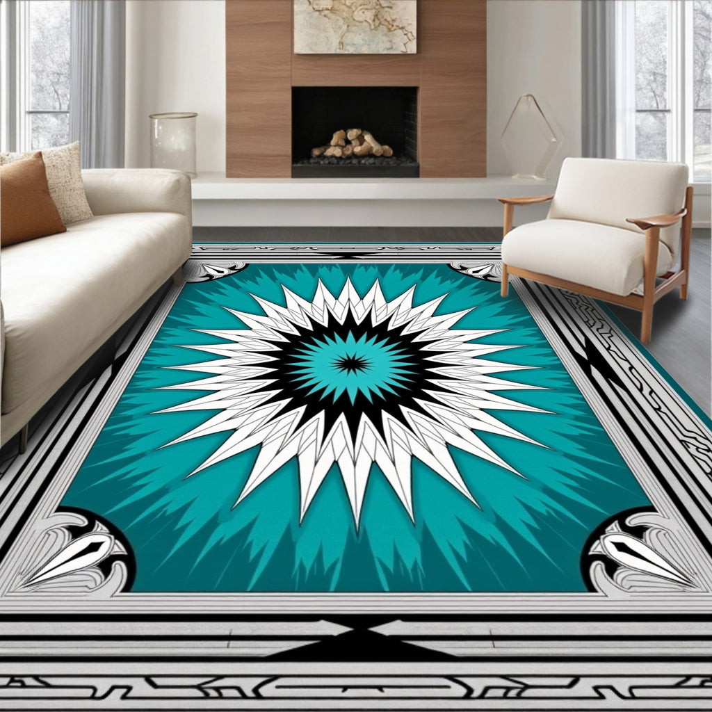 Radiant Teal Abstract Starburst Border Rug