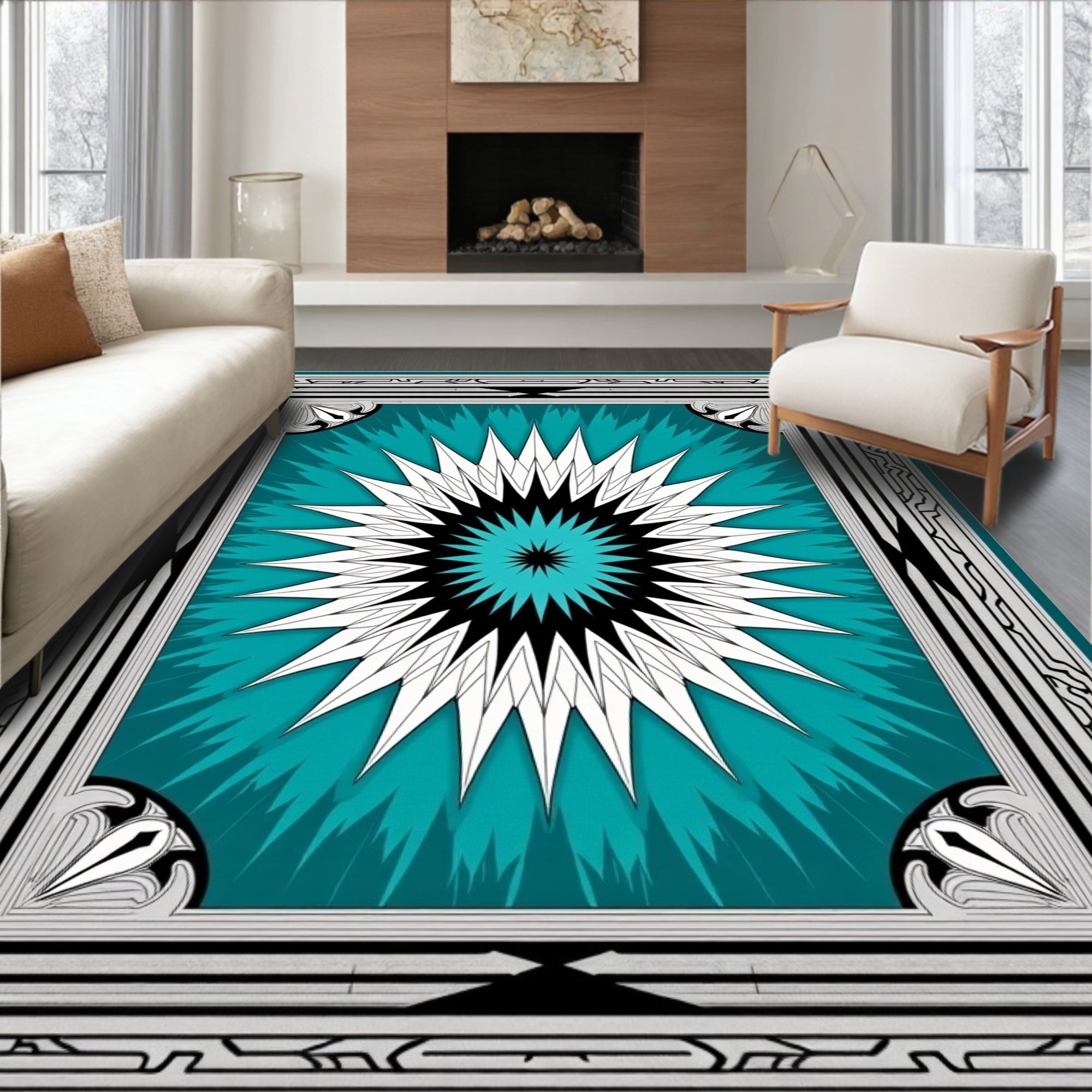 Radiant Teal Abstract Starburst Border Rug