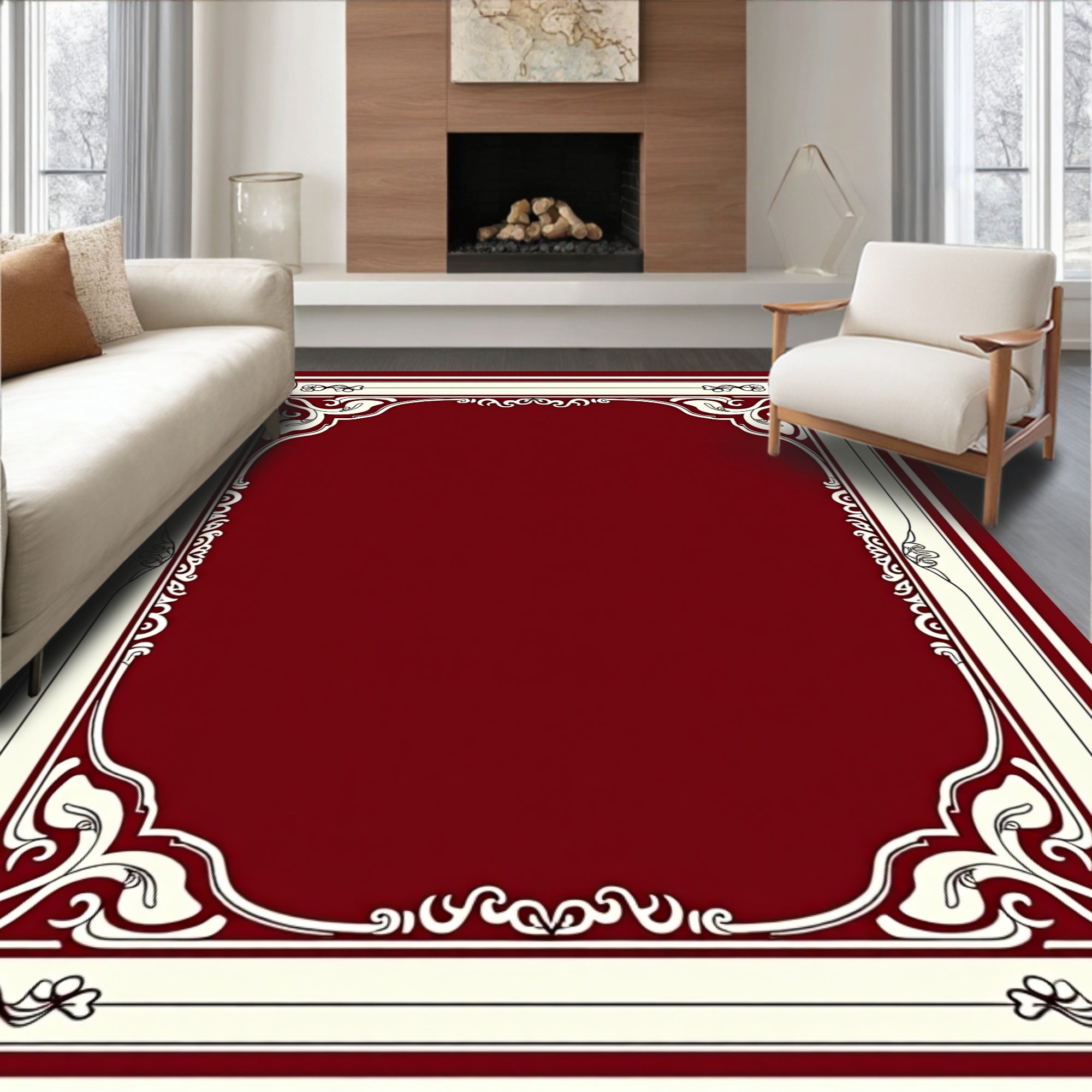 Burgundy And Cream Scroll Border Rug