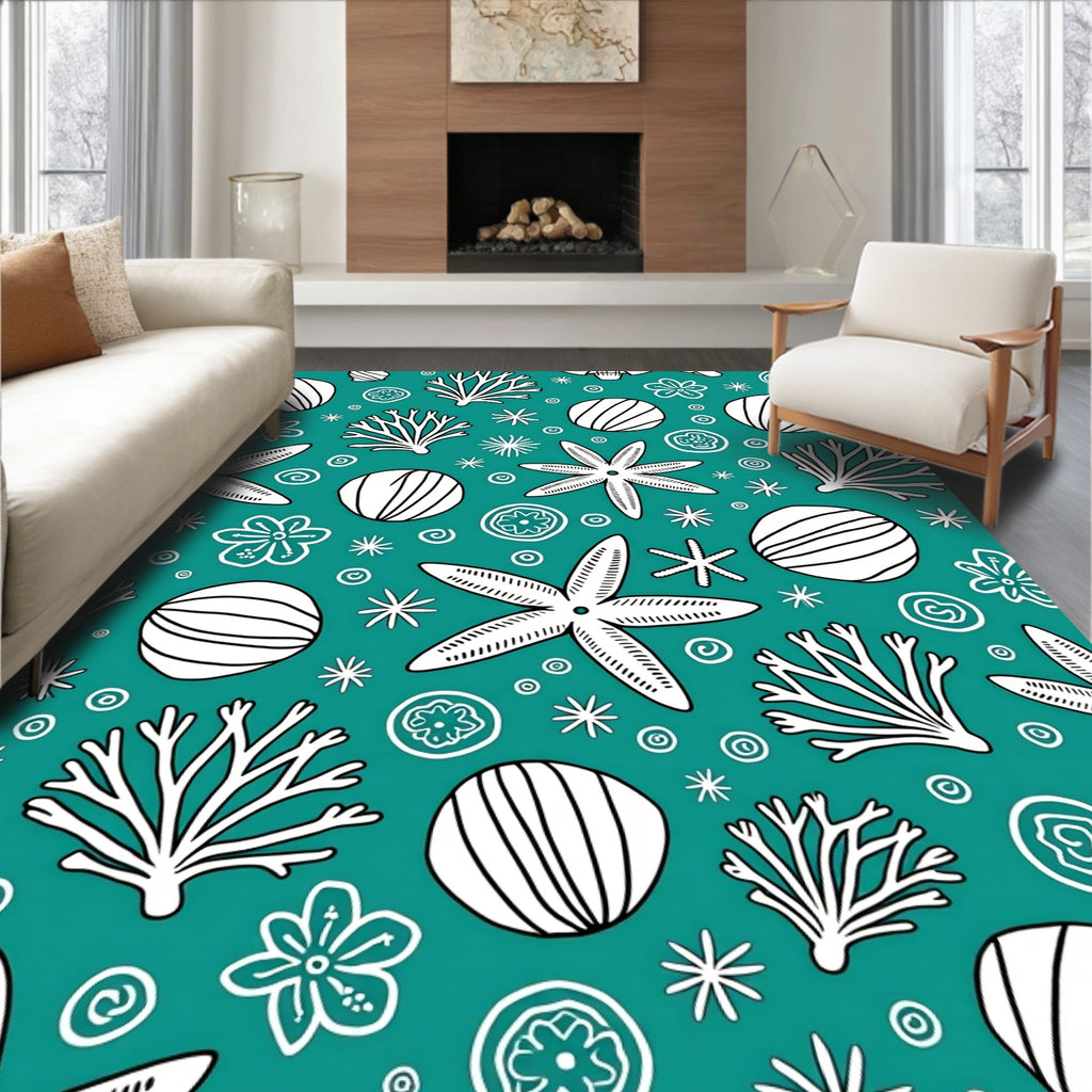 Teal White Underwater Starfish Coral Seamless Rug