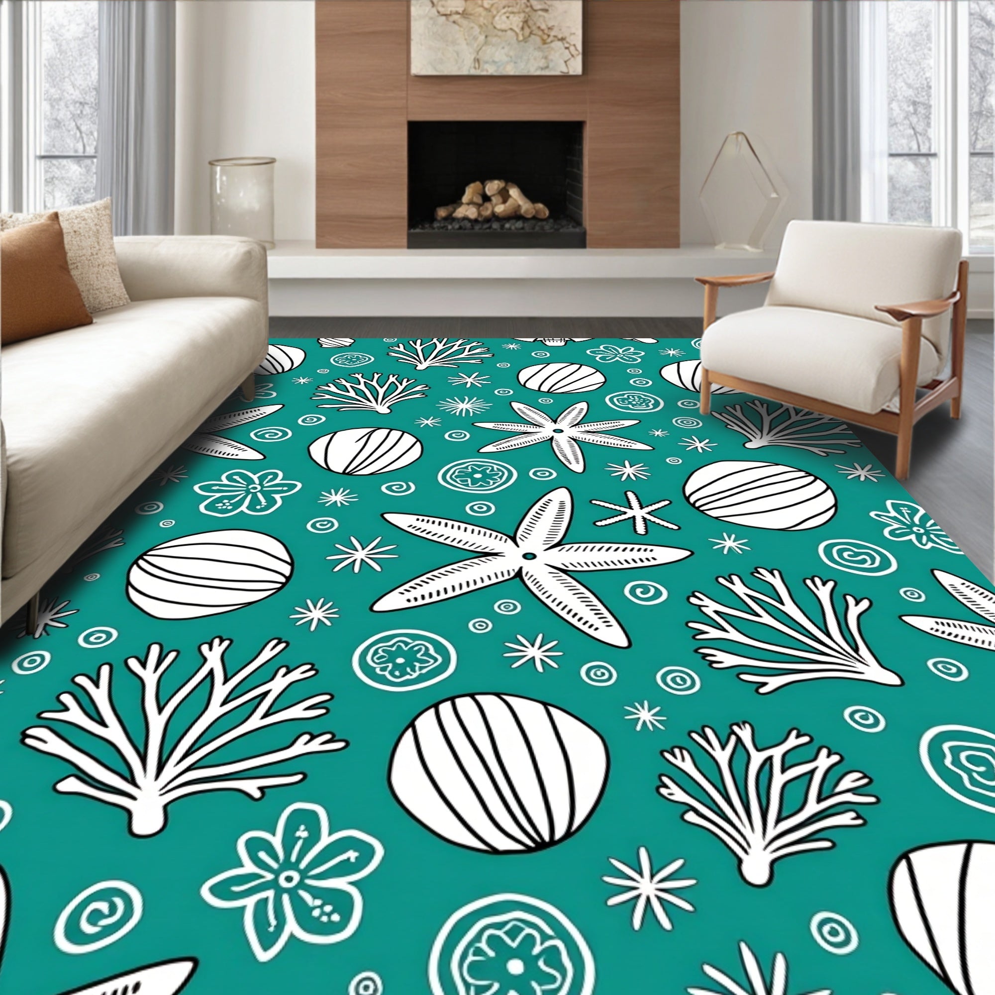 Teal White Underwater Starfish Coral Seamless Rug