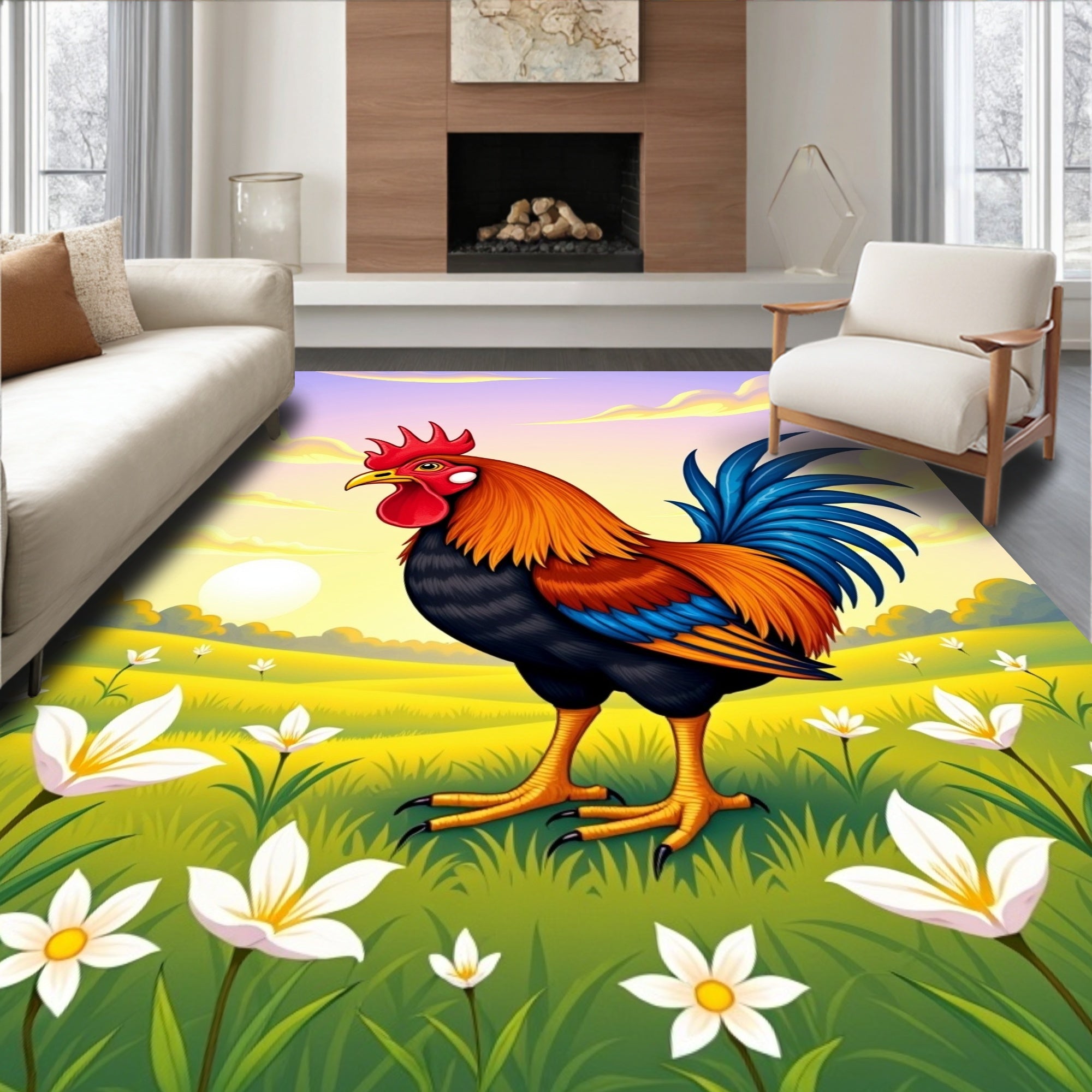 Vibrant Rooster Amidst Blooming Field Rug