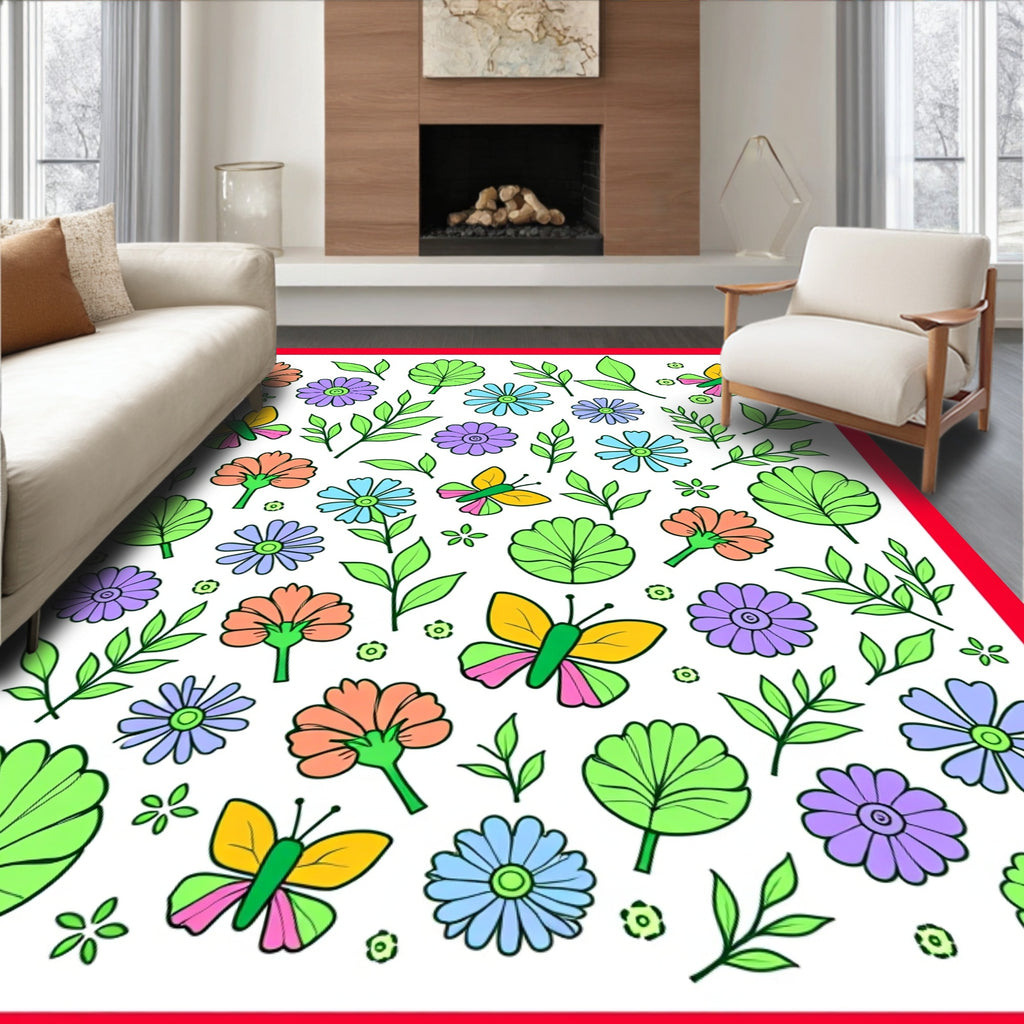 Playful Spring Butterfly Floral Collection Rug