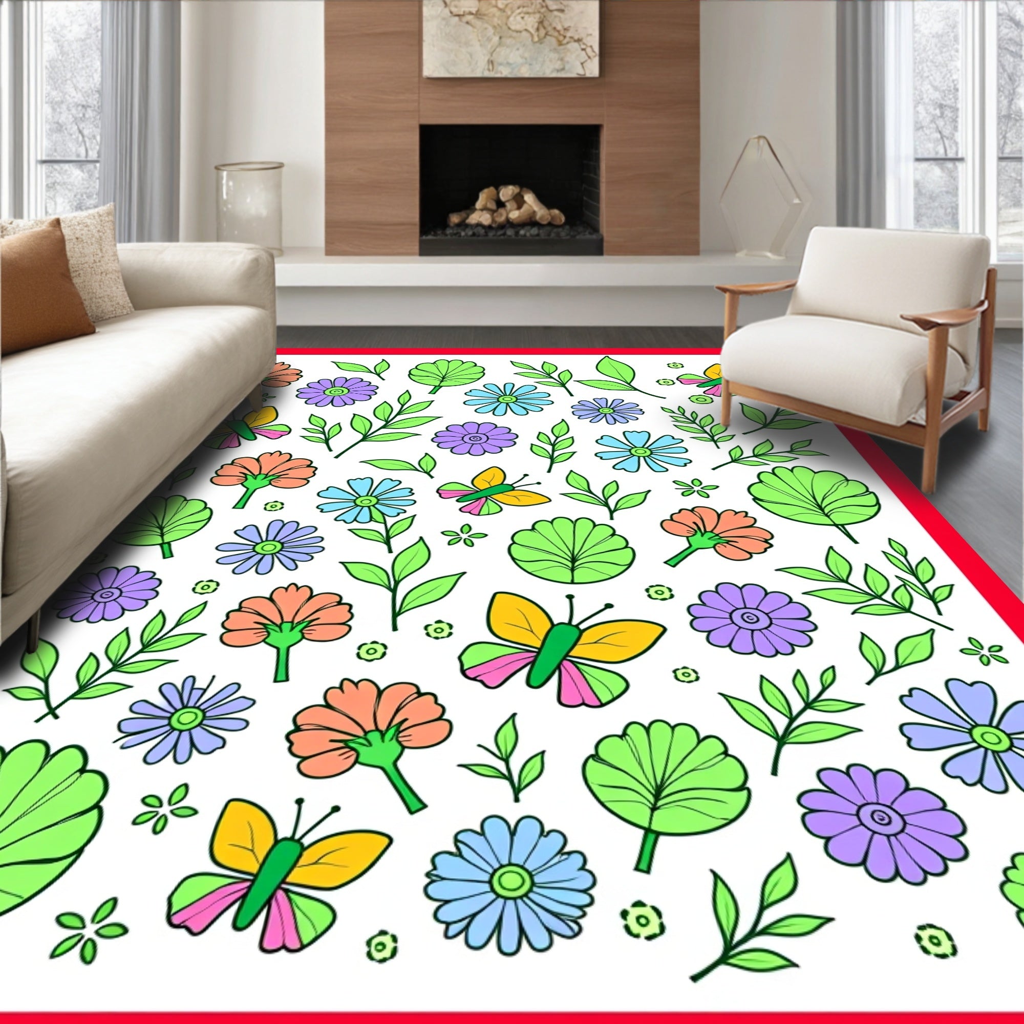 Playful Spring Butterfly Floral Collection Rug