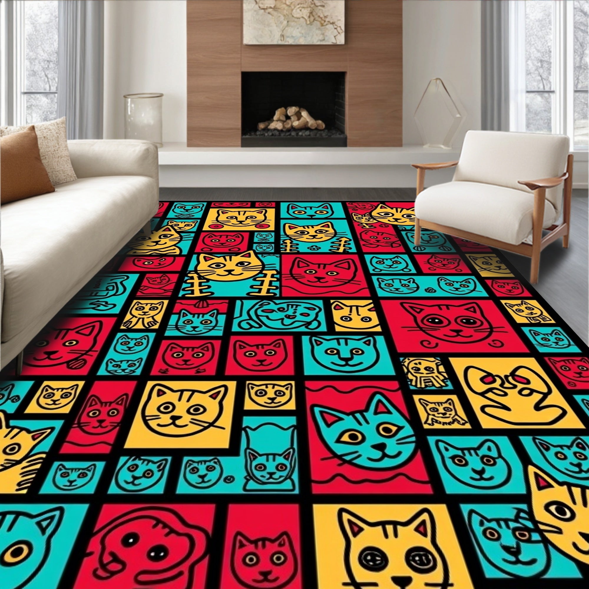 Vibrant Red Yellow Teal Cat Collage Rug