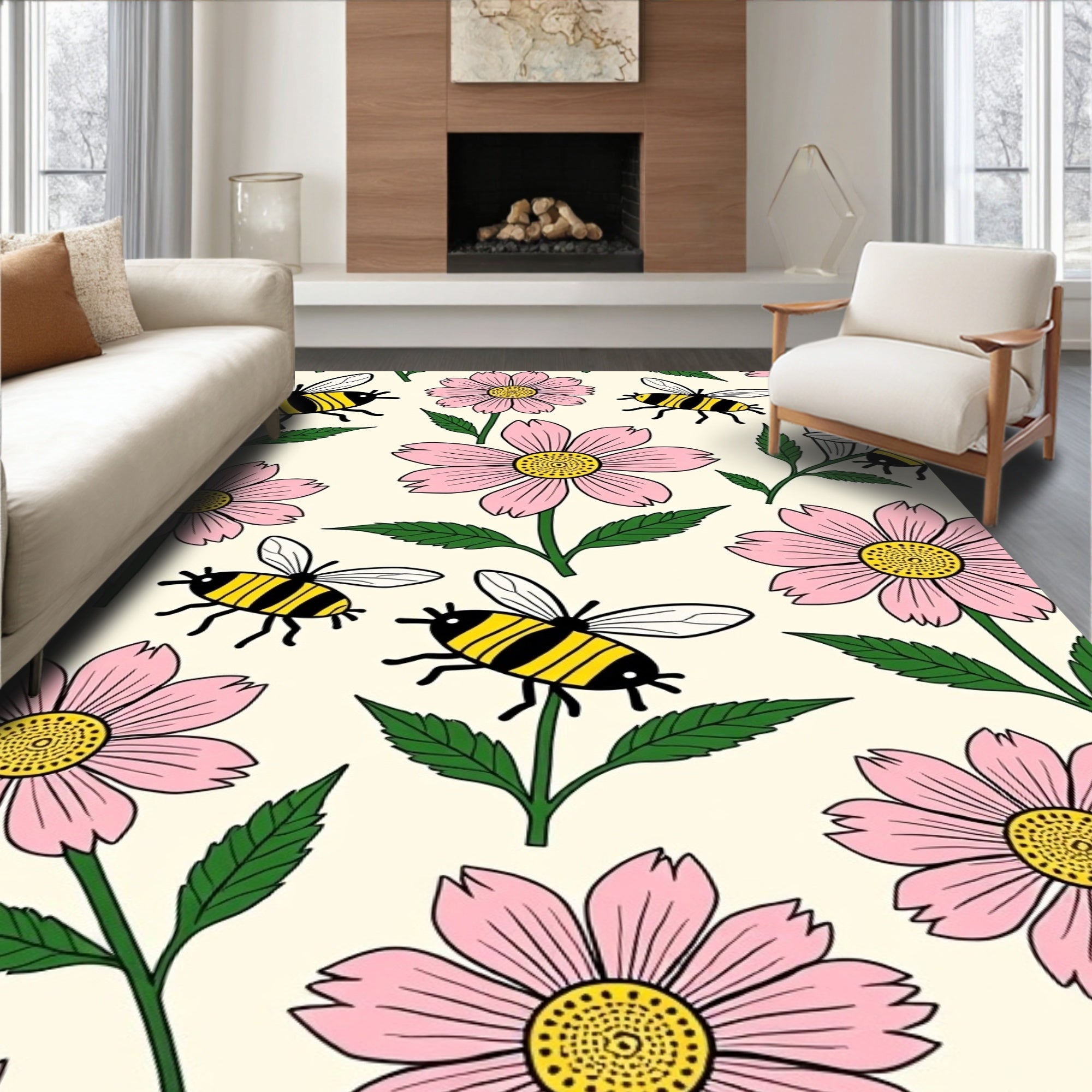 Pink Daisies Yellow Bees Garden Rug