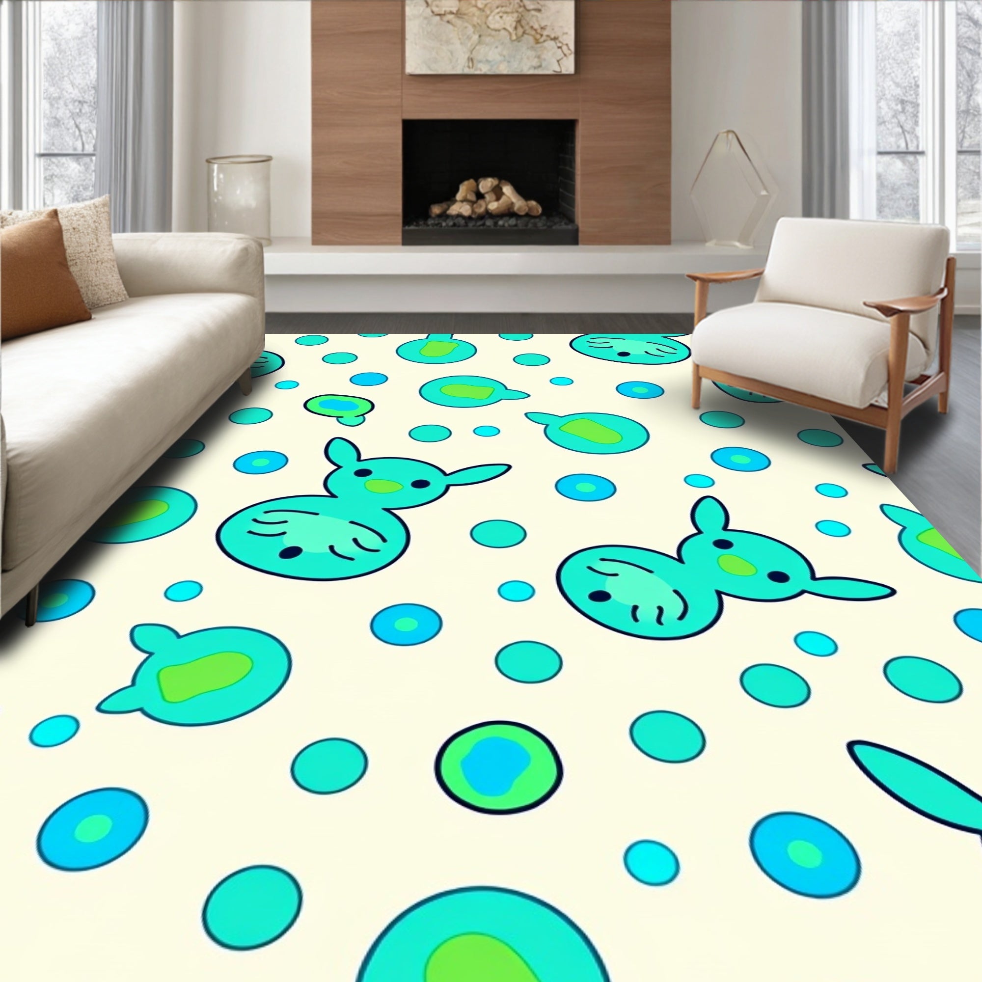 Teal Cartoon Creatures Dot Splash Rug