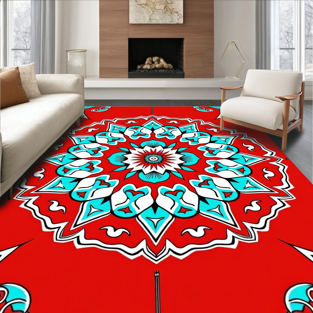 Red Teal White Floral Mandala Rug