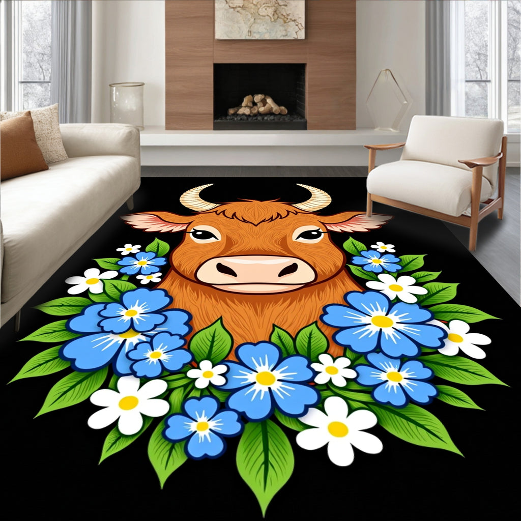 Brown Cow with Blue and White Flowers Rug