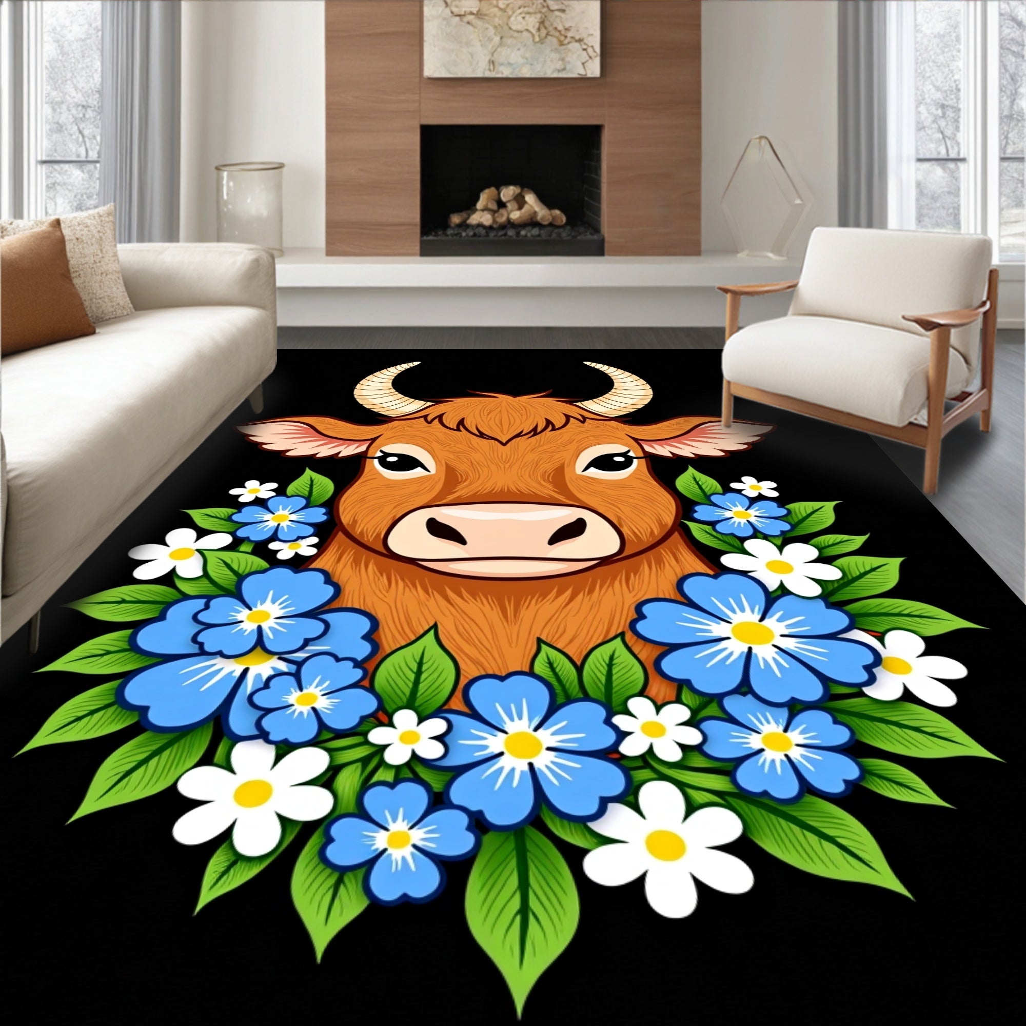 Brown Cow with Blue and White Flowers Rug