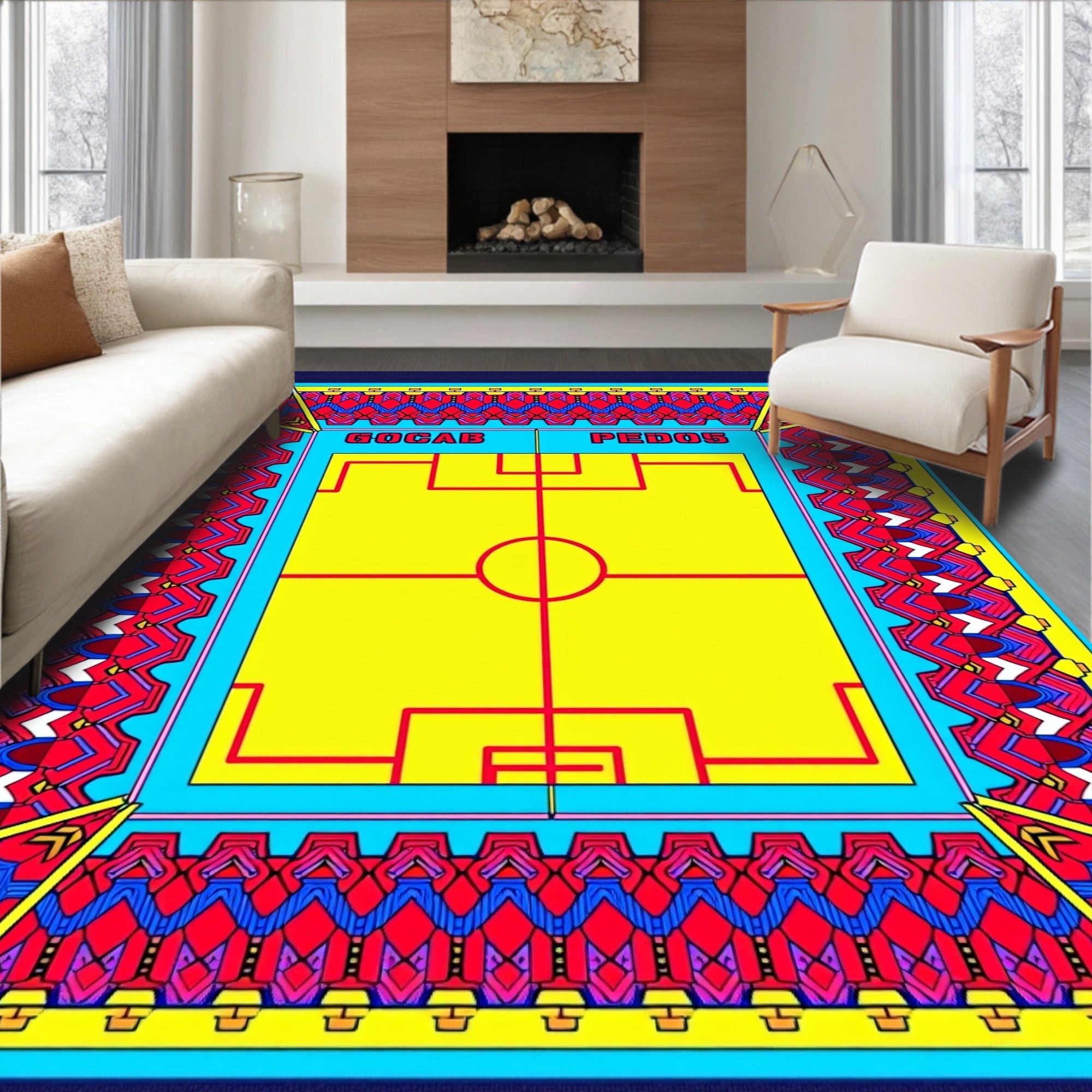 Bold Red Yellow Geometric Soccer Field Rug