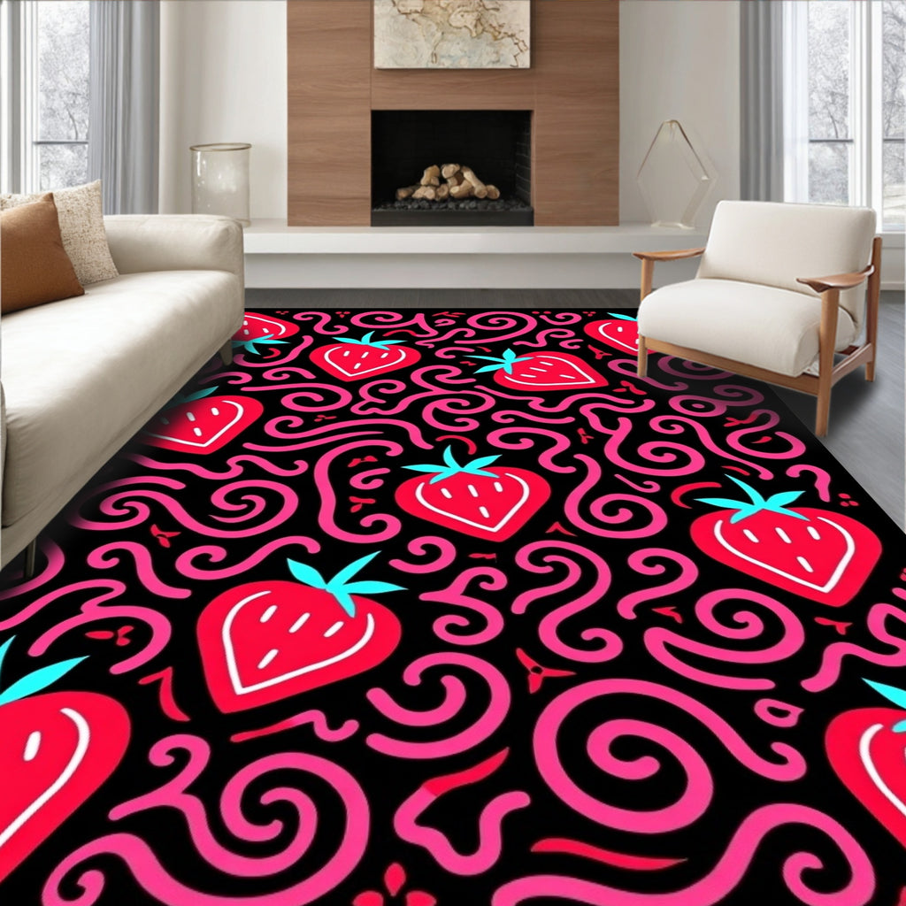 Red Strawberry Swirls Black Background Rug