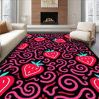 Red Strawberry Swirls Black Background Rug