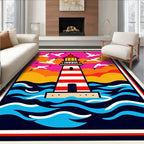 Vibrant Lighthouse Seagull Sunset Ocean Rug
