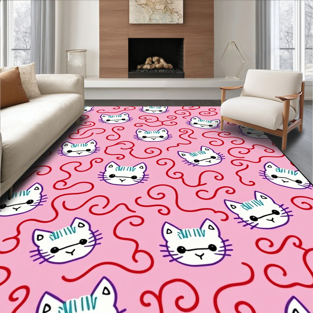 Pink White Cat Swirls Cute Rug