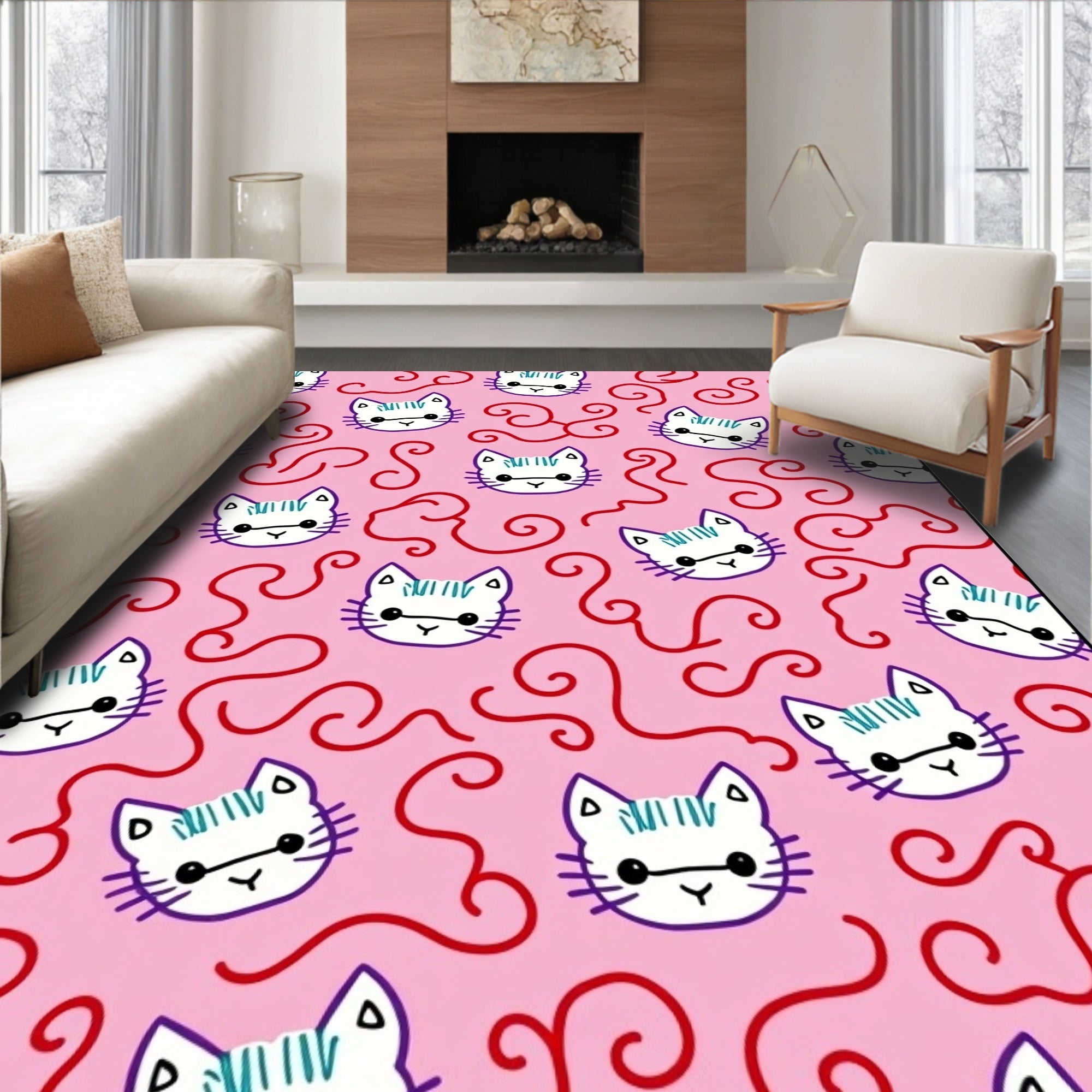 Pink White Cat Swirls Cute Rug