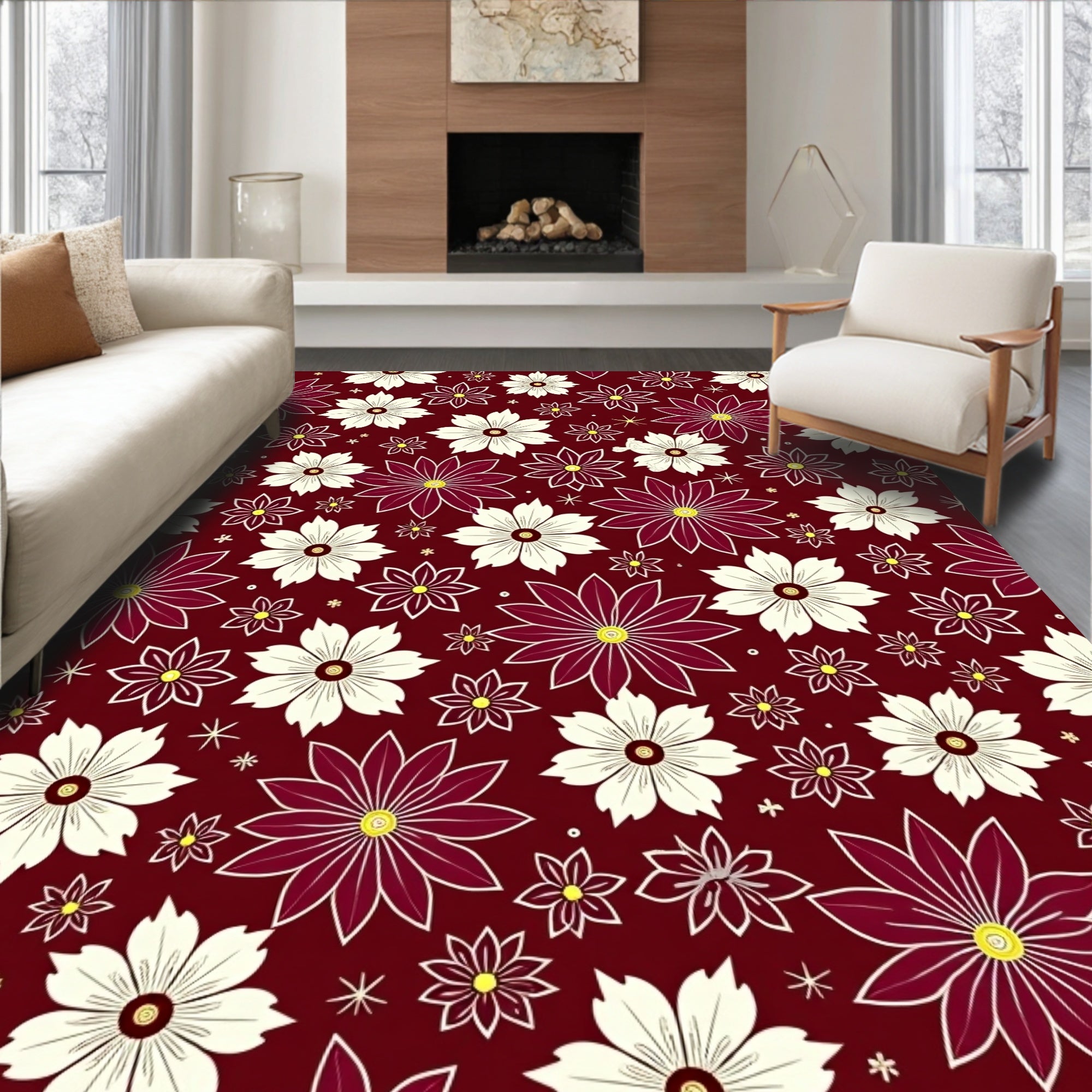 Crimson Cream Daisy Garden Rug