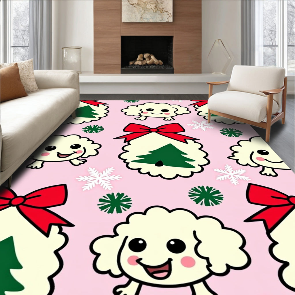 Whimsical Christmas Puppy Snowflakes Pink Rug