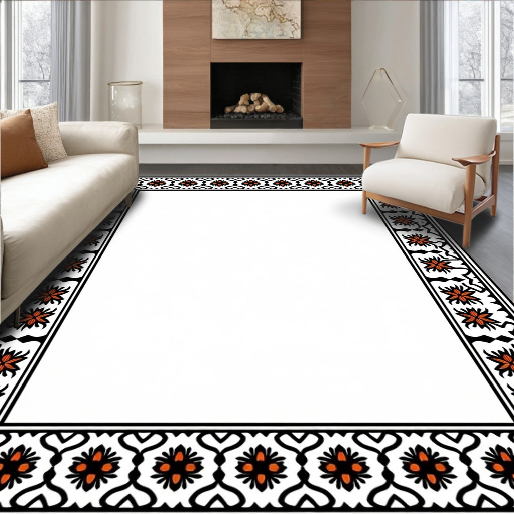 Orange Floral Black Outlined Border Rug