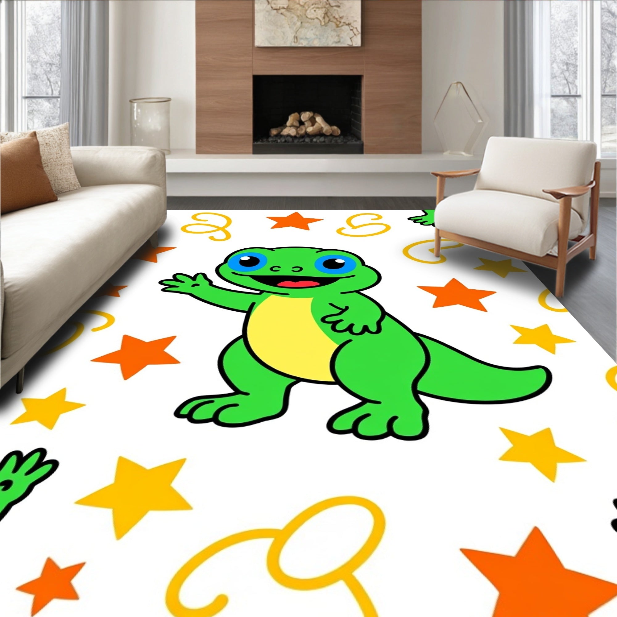 Friendly Green Lizard Waving Stars Rug