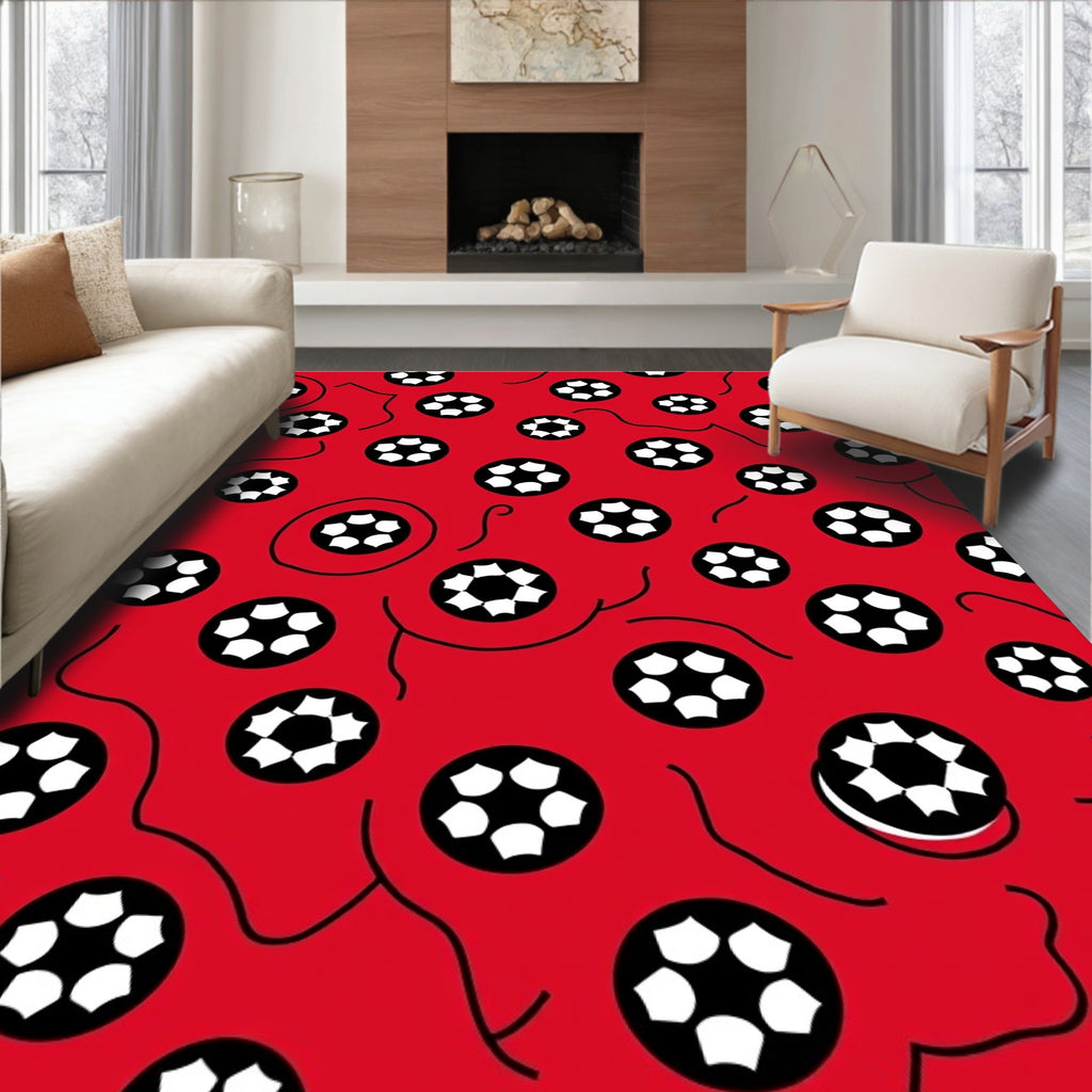 Vibrant Red Soccer Balls Scattered Rug