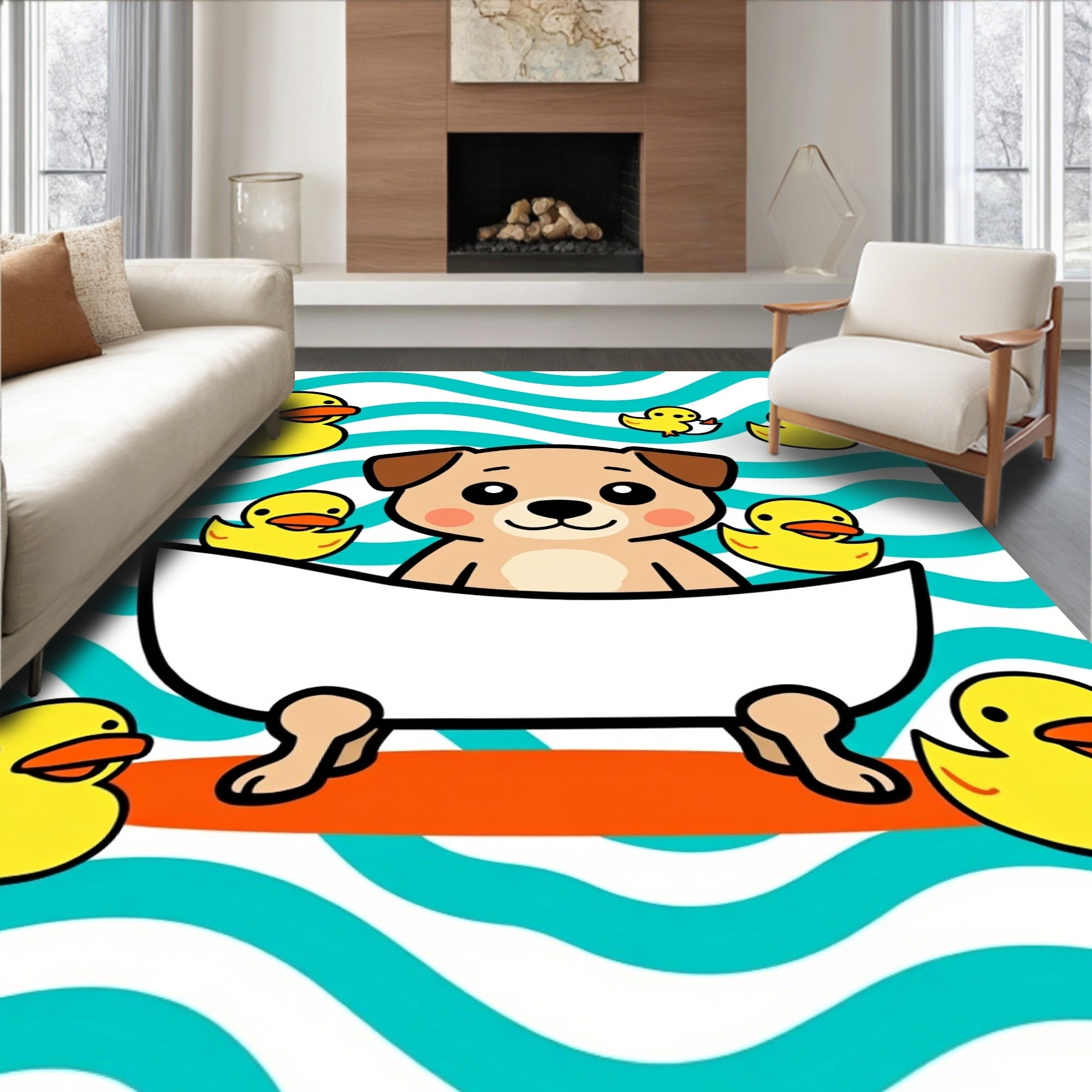 Playful Puppy Bath Time Yellow Ducks Rug