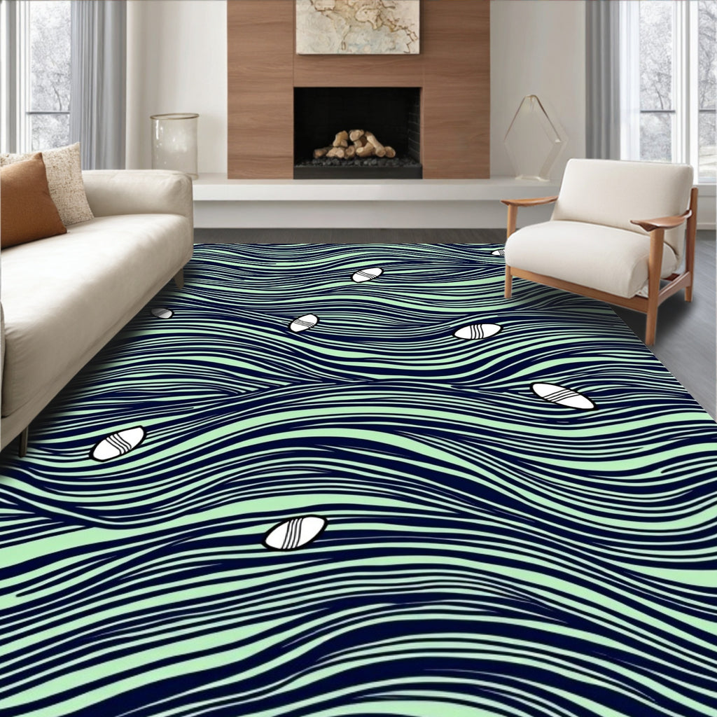 Navy Aqua Waves Small Boat Scene Rug