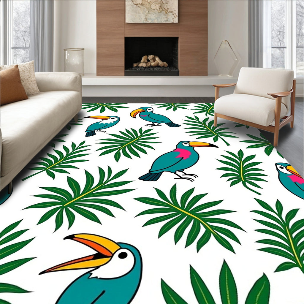 Tropical Toucan Leafy Jungle Scene Rug