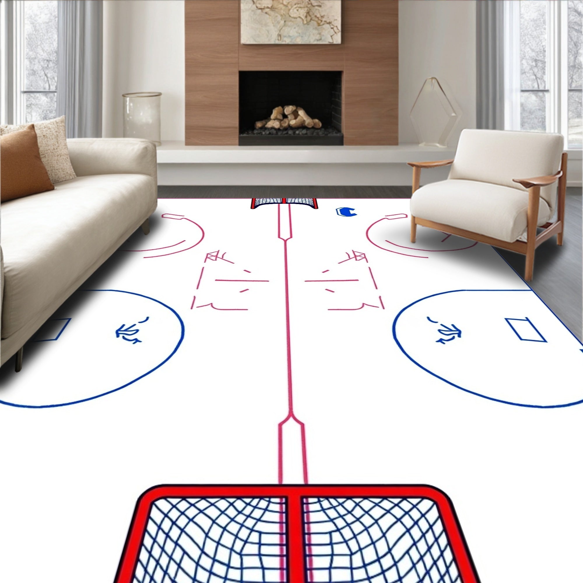 White Ice Hockey Court Design Rug