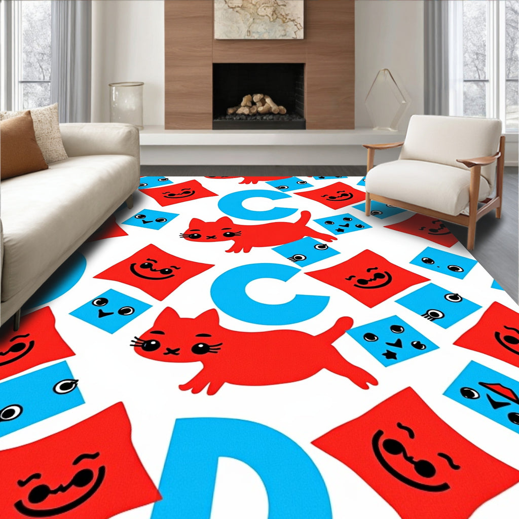 Red Cats Blue Squares Letters Rug