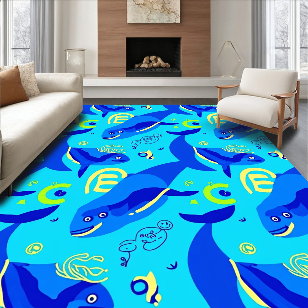 Playful Blue Whale Aquatic Scene Rug