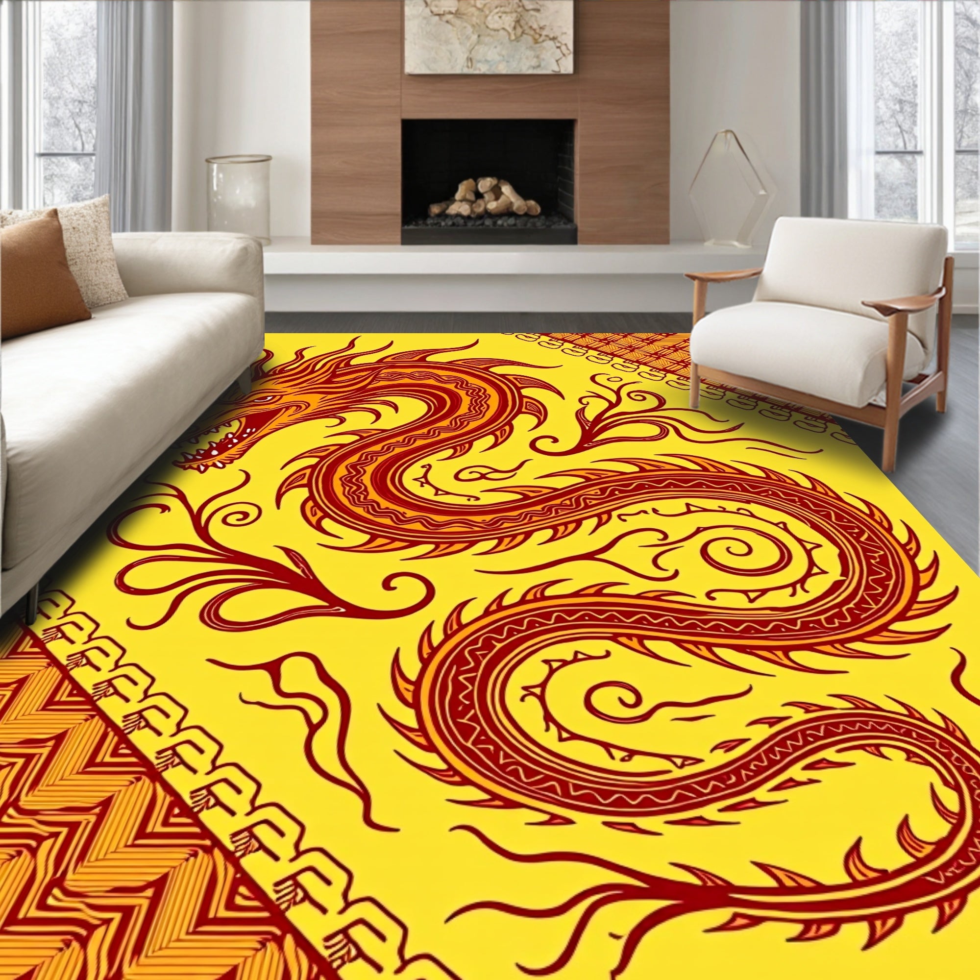 Fiery Red Dragon Yellow Art Rug