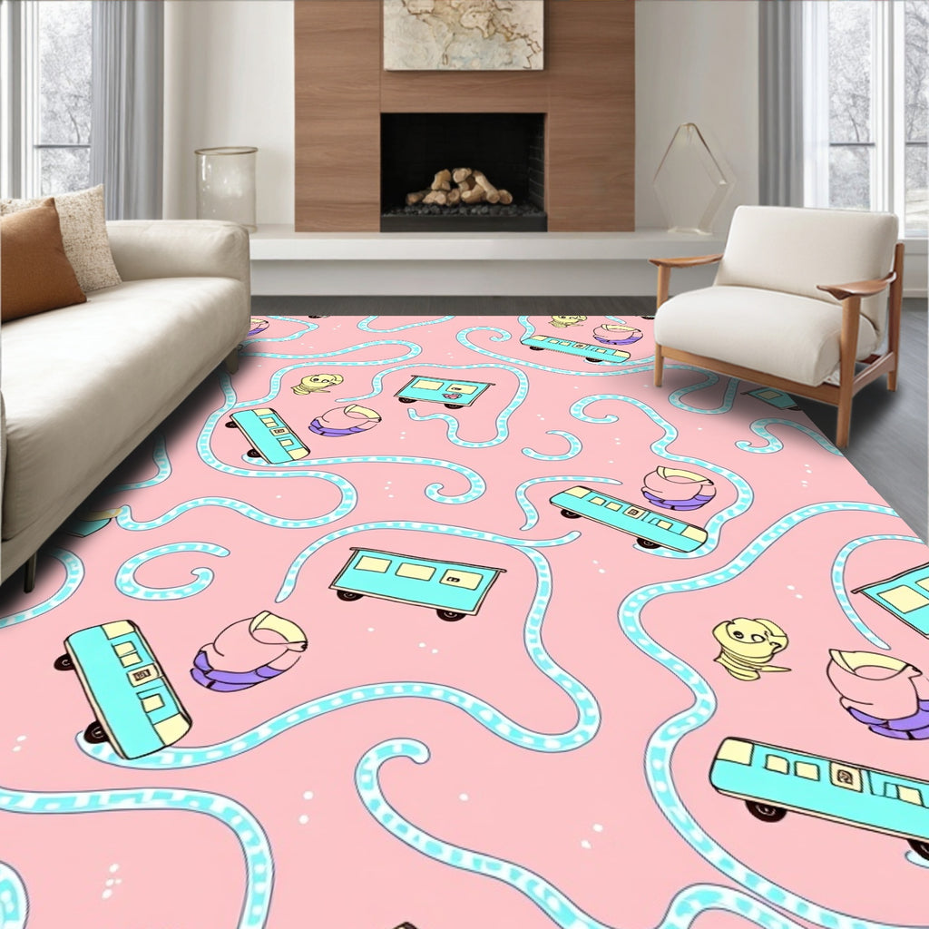 Whimsical Blue Train Pink Swirl Rug