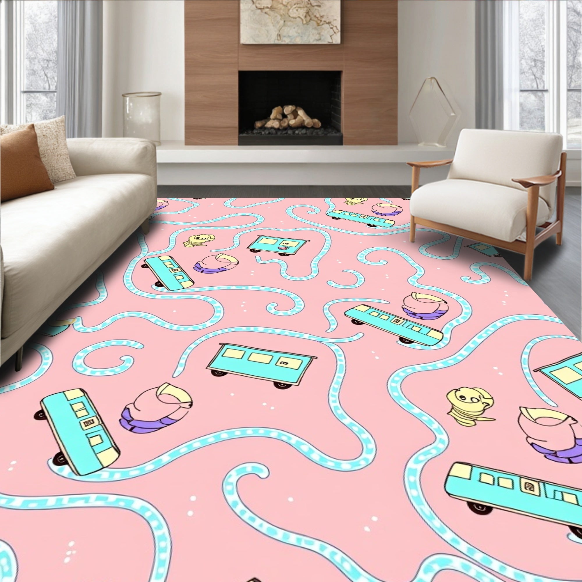Whimsical Blue Train Pink Swirl Rug