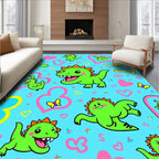 Cute Green Dinosaurs Pink Hearts Butterflies Rug