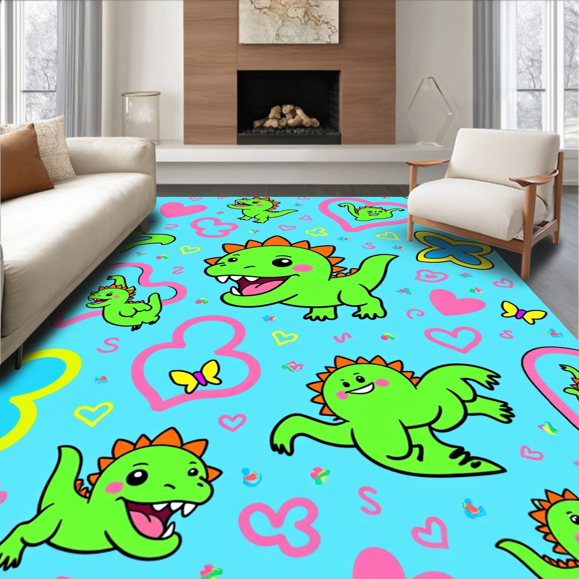 Cute Green Dinosaurs Pink Hearts Butterflies Rug