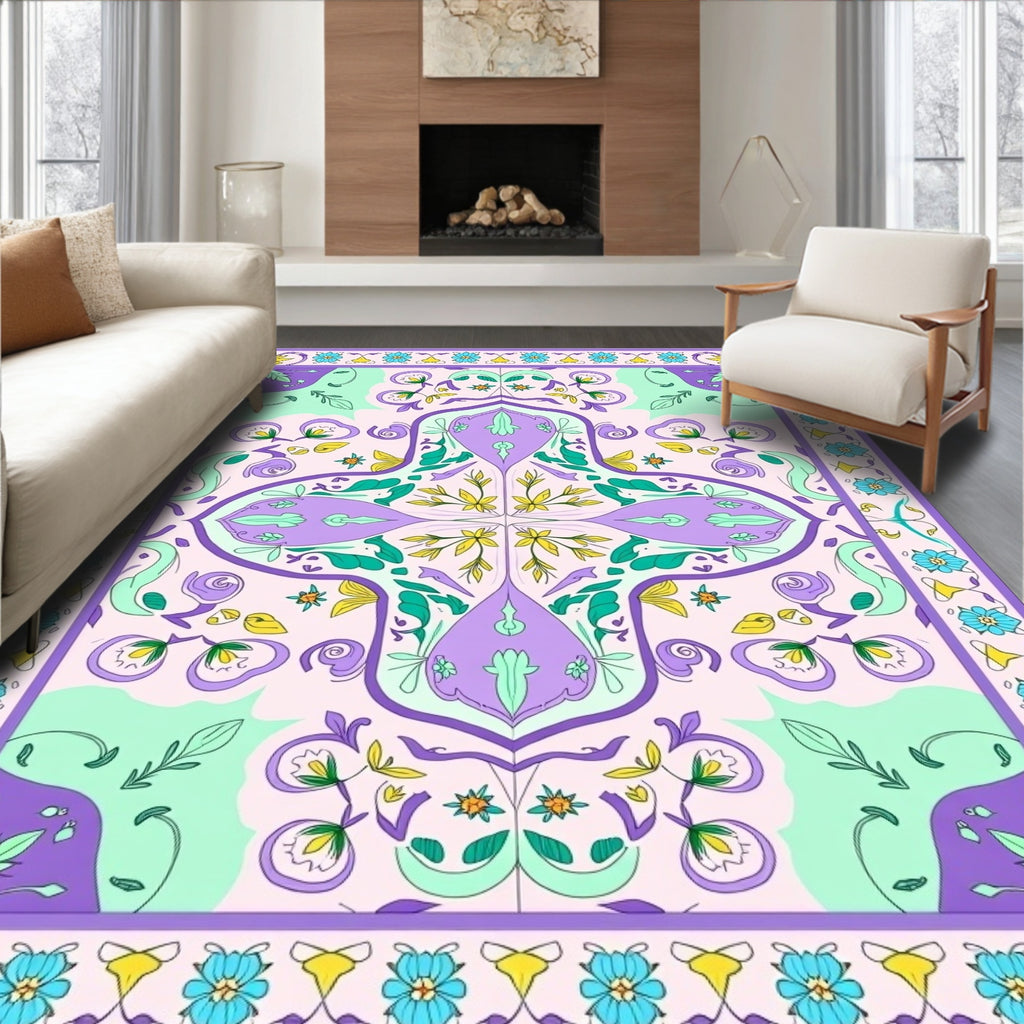 Pastel Purple Floral Medallion Border Rug