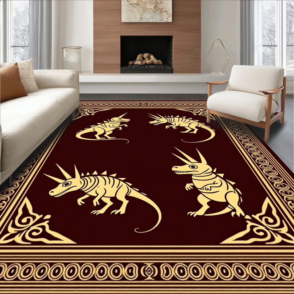 Golden Unicorn Dinosaurs Burgundy Border Rug