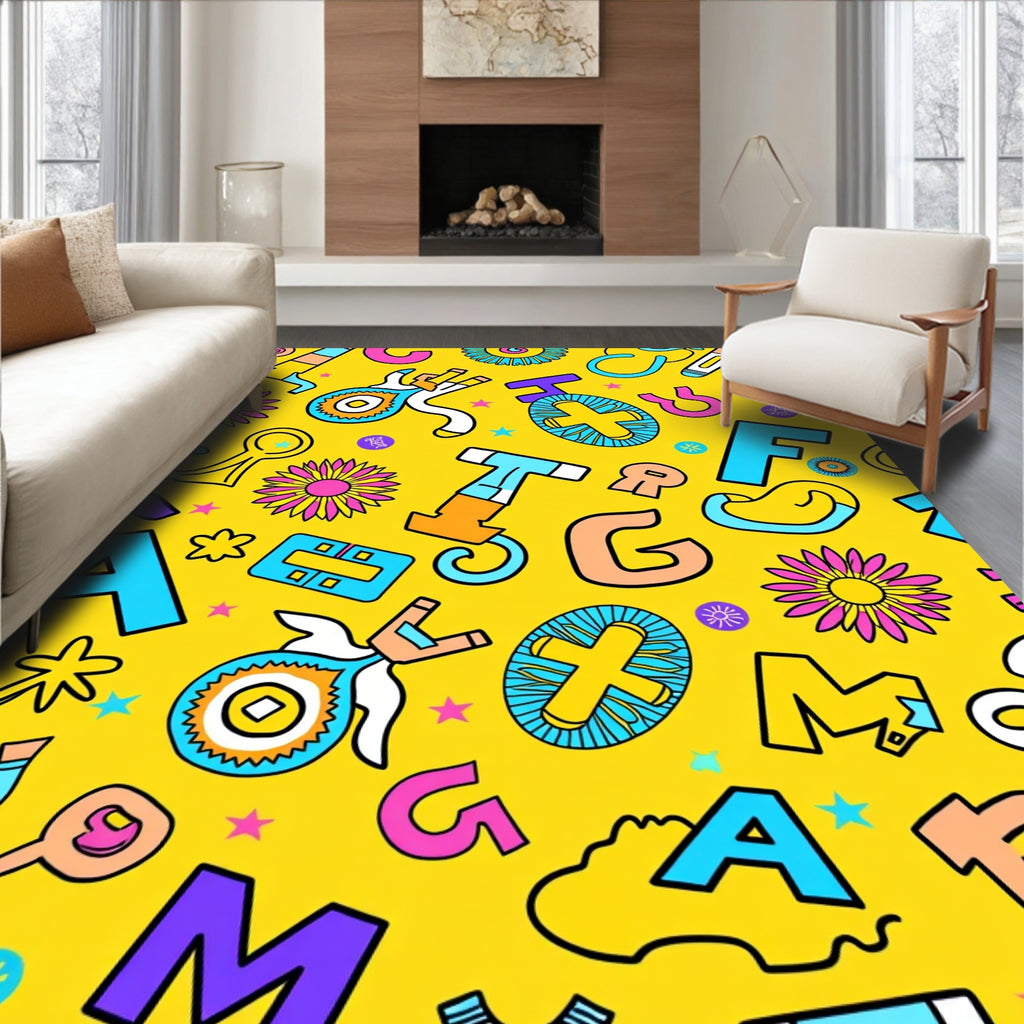Whimsical Alphabet Flowers Retro Collage Rug