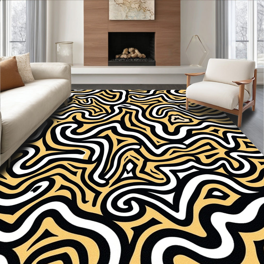 Bold Black Yellow Swirl Maze Rug
