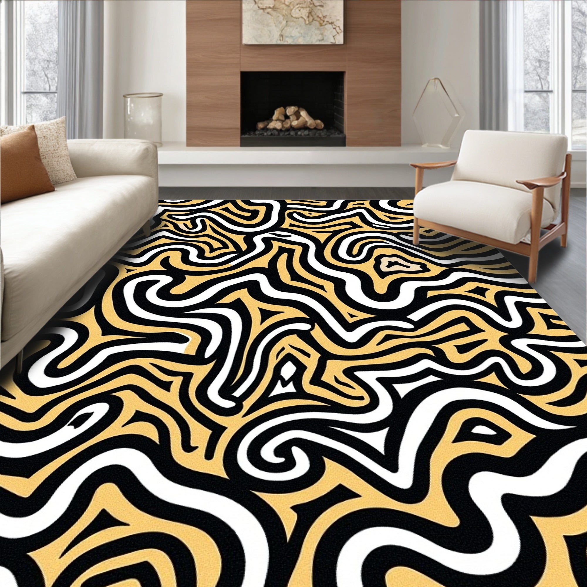 Bold Black Yellow Swirl Maze Rug