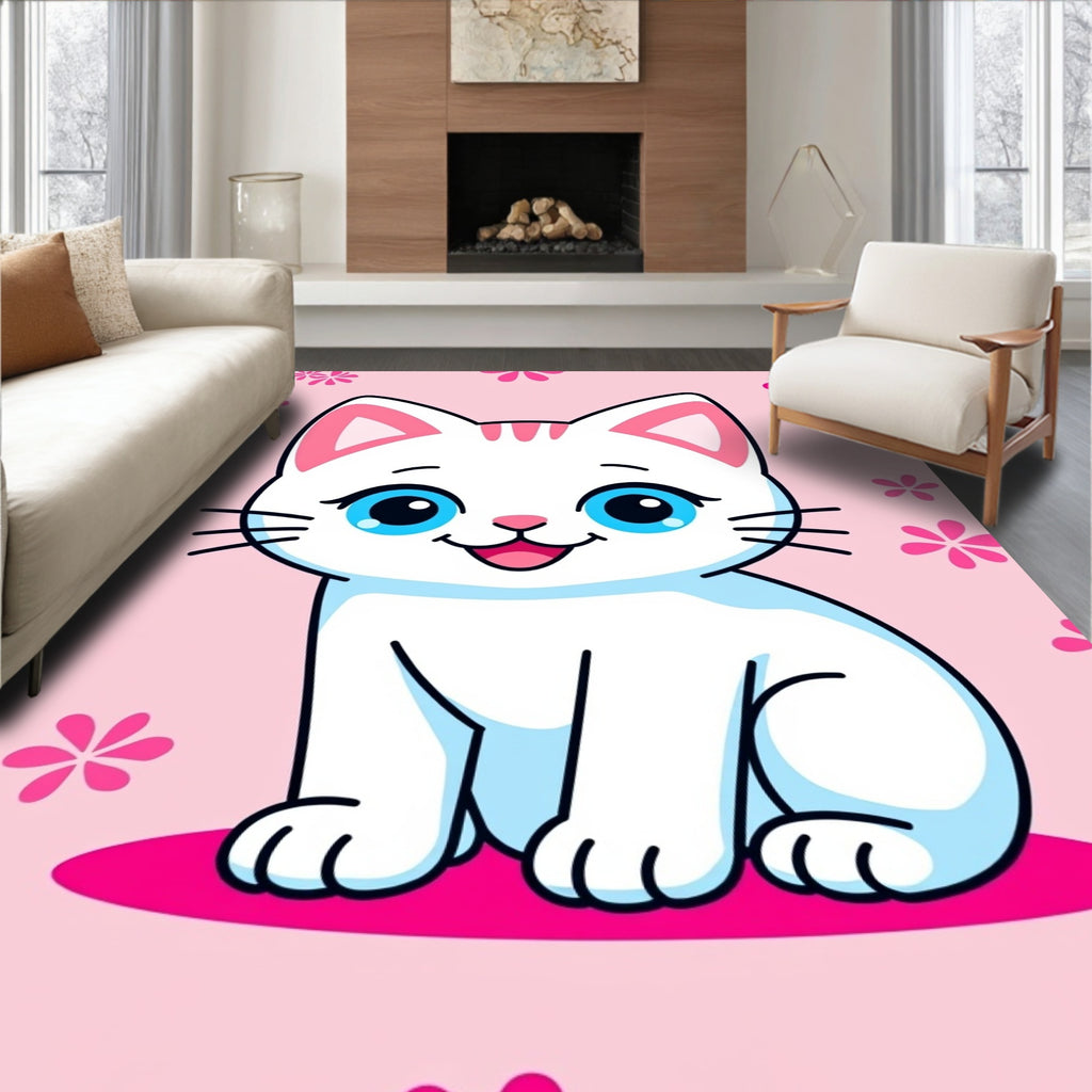 Cute White Cat Blue Eyes Pink Flowers Rug