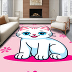 Cute White Cat Blue Eyes Pink Flowers Rug