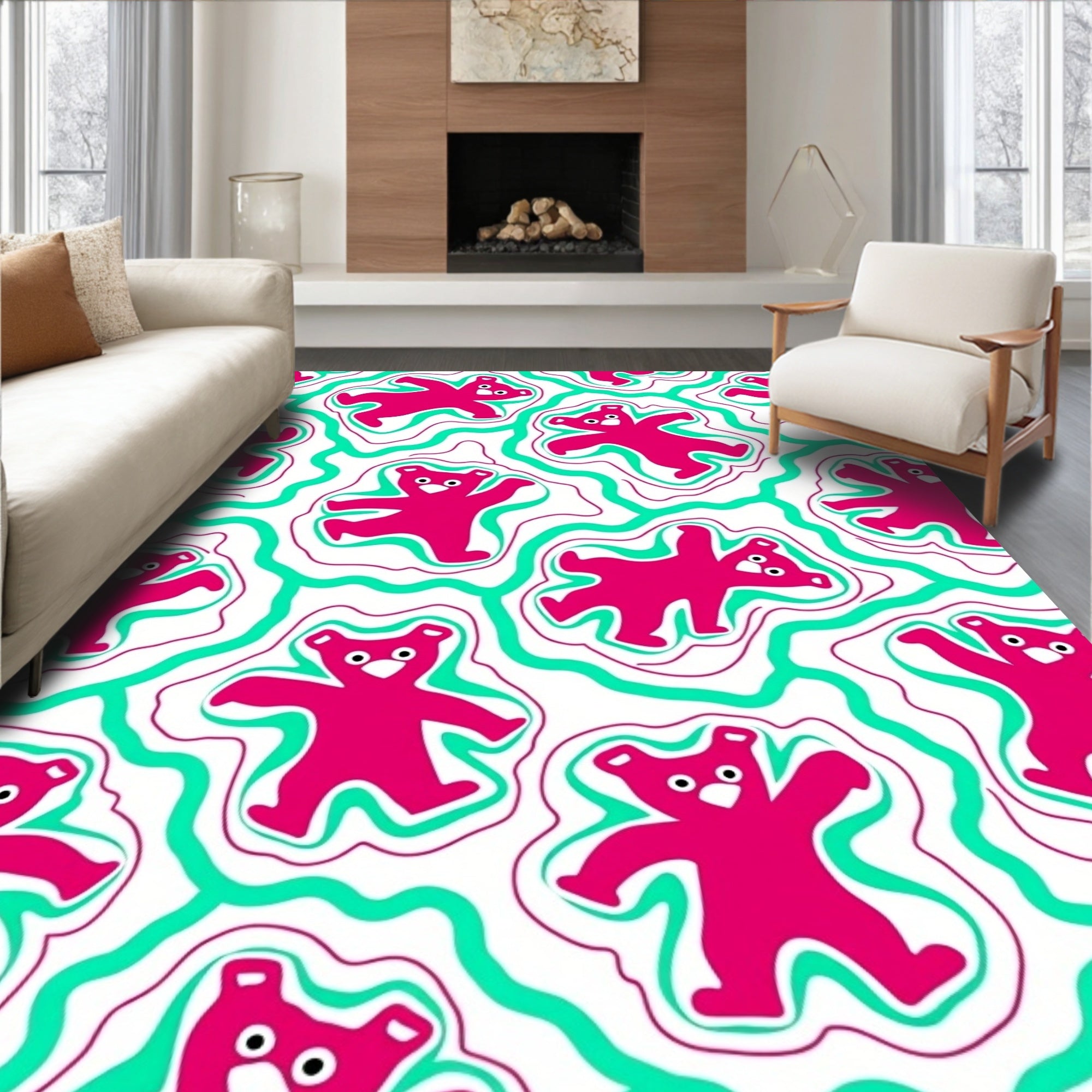Pink Teddy Bear Aqua Swirls Rug