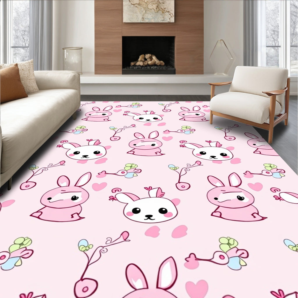 Cute Pink Bunny Heart Bird Repeat Rug