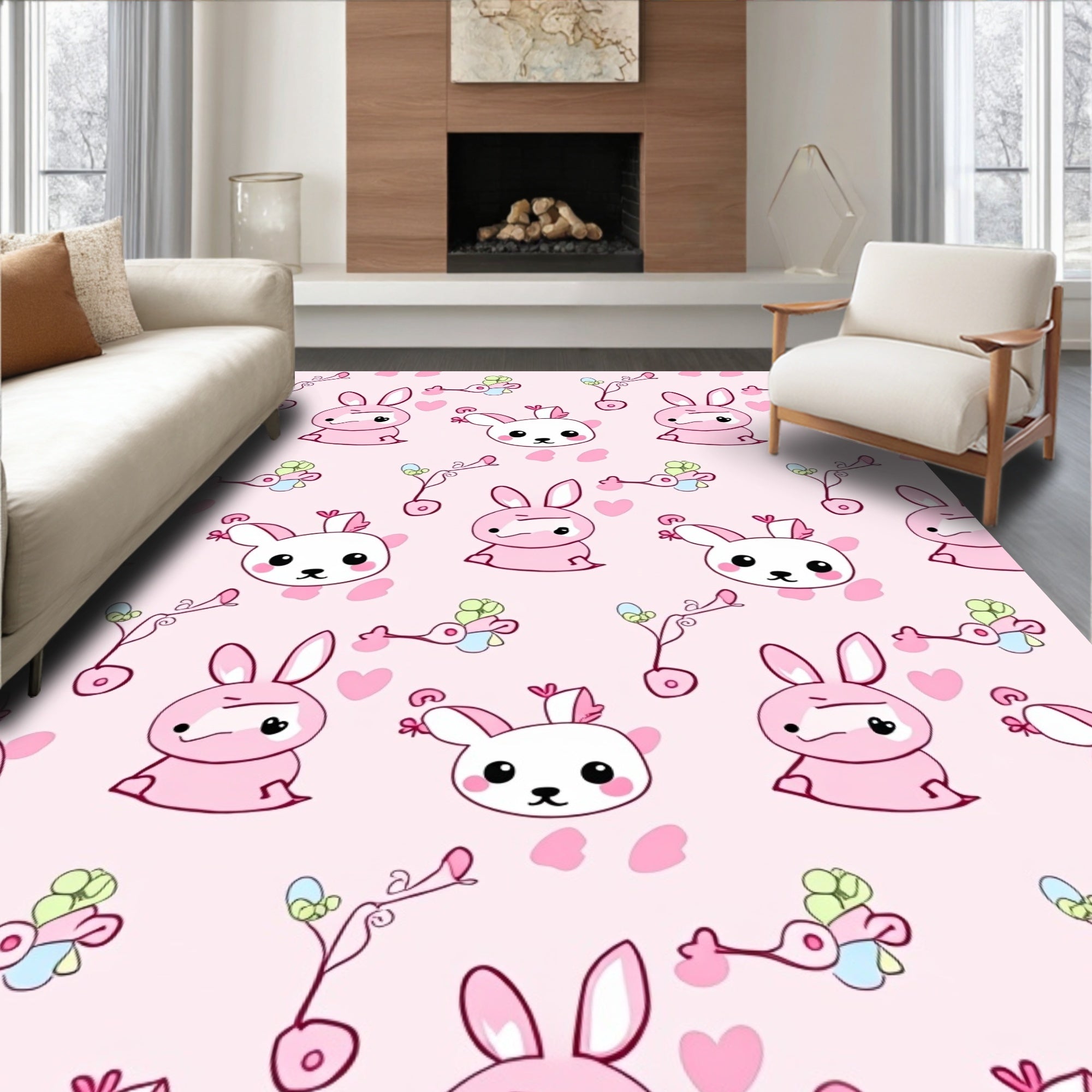 Cute Pink Bunny Heart Bird Repeat Rug